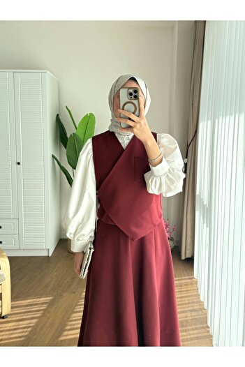 Miraydın Butik Women's Side Tie Vest Skirt Suit M2502 - Claret Red
