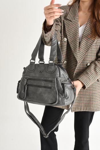 571 Collections Çanta Gray Faux Leather Crossbody and Shoulder Bag - Multi-Compartment (Model: 571-9-12FF)