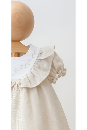 Mymio Girl's Embroidered Collar Detailed Elastic Watermelon Sleeve Lined Linen Dress