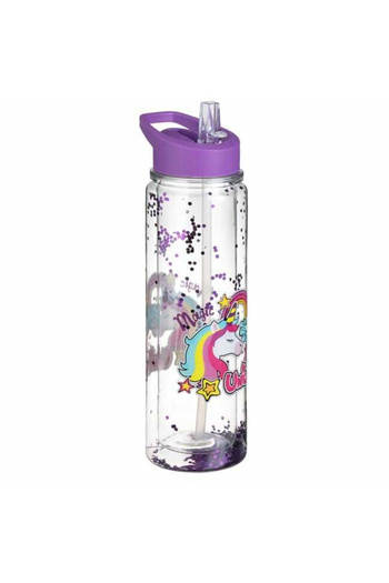 Micostore Sticla De Apa Copii,cu Pai, Maner,500 Ml,perete Dublu, Sclipici,unicorn Magic Glitter,transparenta