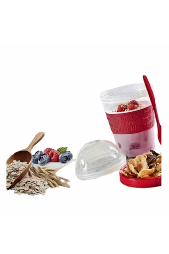 Micostore Yogurt Cup With Cereal Container And Spoon, 600 Ml, Transparent Container, Red, Take Away