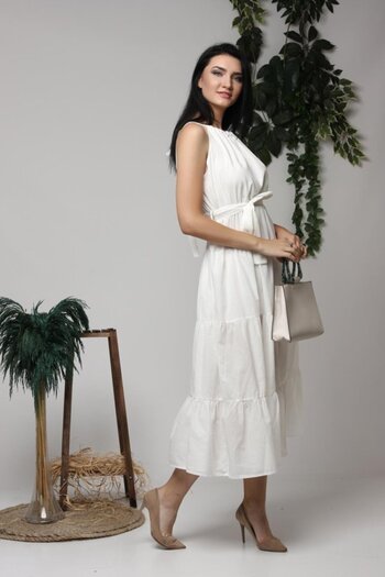 fh fashionhere Ecru Halter Neckline Belted Dress
