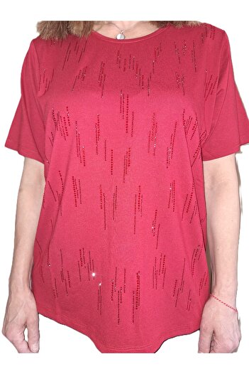 HaiModa Women's Mother Combed Cotton Blouse Large Size Front Stone Short Sleeve U Neck