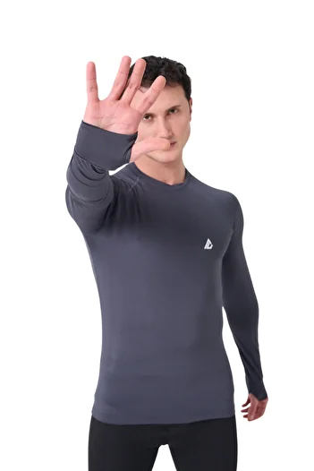 Musclex Spor Tekstil Men's Anthracite Finger Detailed Compression Sports Body T-Shirt Crossfit Fitness Outdoor Body T-Shirt