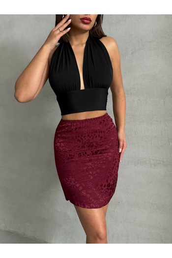 BEJNA Women's Burgundy Leopard Patterned Satin Skirt
