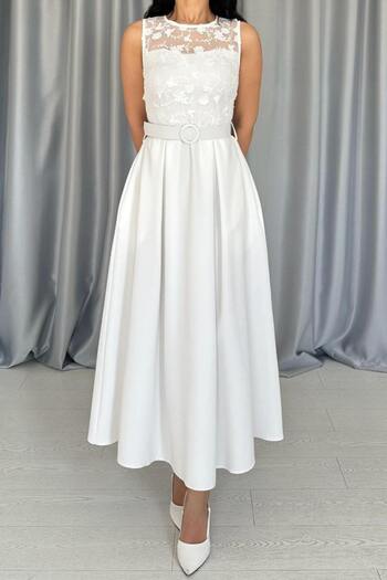 ZISHAN Lace and Embroidery Detail Belted Sleeveless Midi Length Women's Evening Dress 8552