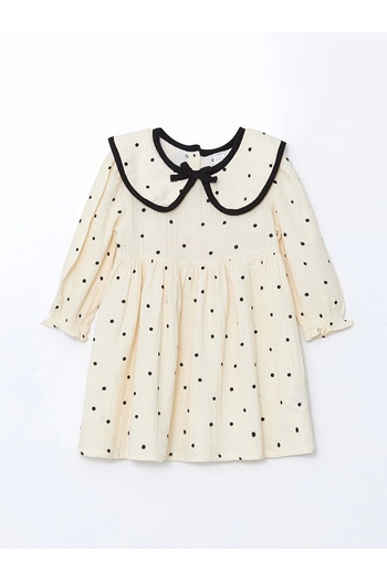 LC Waikiki Lcw Kids Ecru Polka Dot Muslin Bowknot Girls' Dress