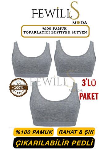 FEWİLLS MODA 100% Cotton Pack of 3 Stylish and Comfortable Removable Padded Women's Recovery Bustier Brush