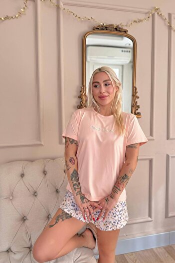 Pijamaevi Peach Good Times Patterned Short Sleeve Knitted Women's Pajamas Set with Shorts