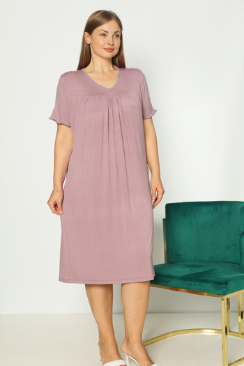 İntensive Pink Lace Lycra Short Sleeve Plus Size Nightgown
