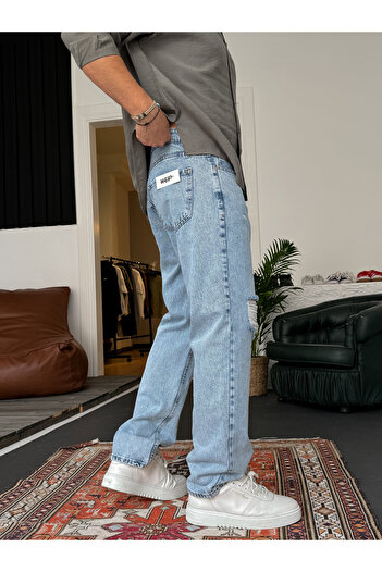 BYBASICMAN Buz Mavisi Yırtıklı Baggy Jean KE-447