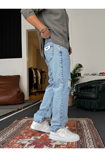 BYBASICMAN Buz Mavisi Yırtıklı Baggy Jean KE-447