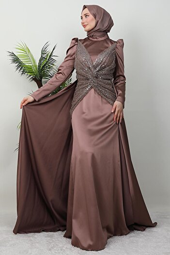 GİYZAMİLA Βραδινό φόρεμα Satin Butterfly Rose Brown