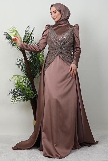 GİYZAMİLA Βραδινό φόρεμα Satin Butterfly Rose Brown
