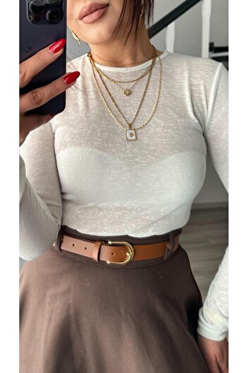 Oslove Ecru Crew Neck Semi-Transparent Blouse