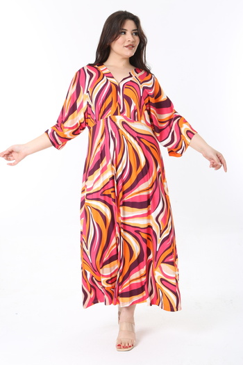 Şans Women's Large Size Fujya Gipe, Detailed Bat Sleeve and Print Long Dress 65N38811