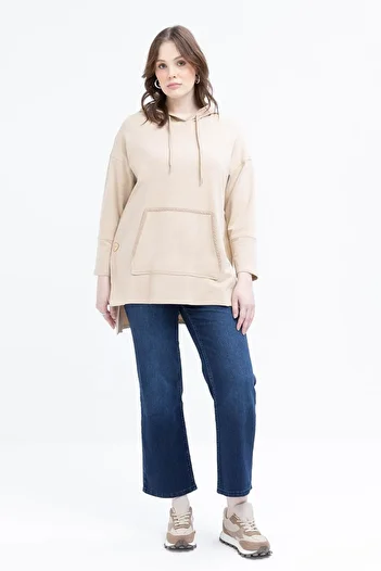 ALLDAY Beige-Kangaroo Pocket Stripe Lace Lycra Large Size Sweat