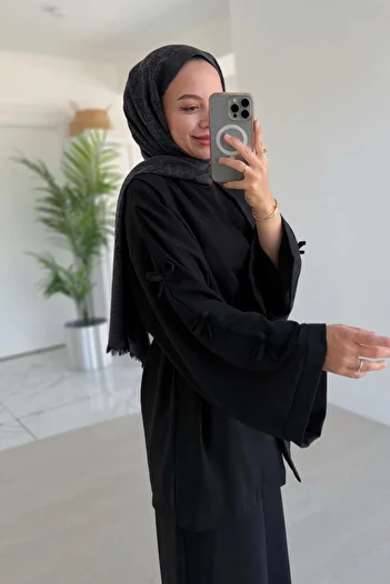Ka Hijab Three Piece Suit with Bow Detail on Sleeves - Black