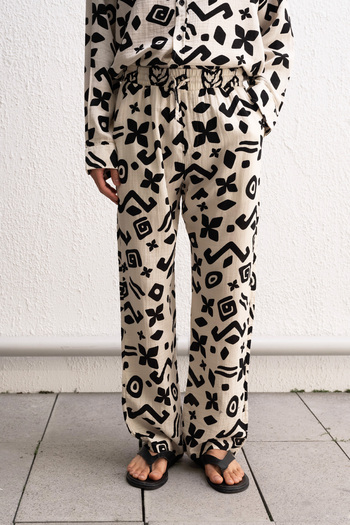 GIESTO Ethnic Patterned Relaxed Cut Beige Pants