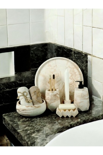Trust Stone Set de baie din beton cu model de marmură din 6 piese, dozator de săpun lichid, suport pentru periuță de dinți, set de accesorii din beton