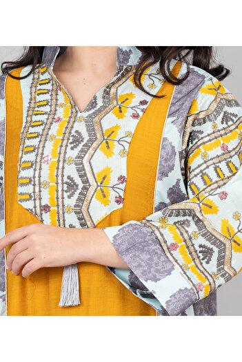 IKKXA Embroidered Solid Jalabiya with Stylish Mandarin Collar