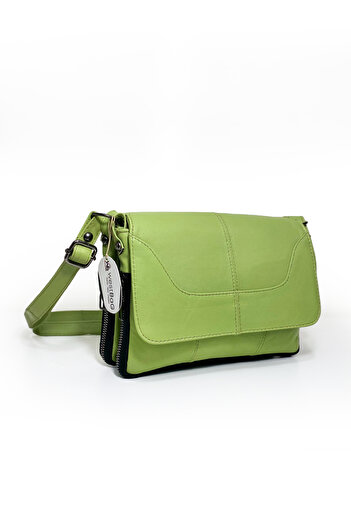 westbag Geantă de umăr cu fermoar, din piele naturală, verde, cu patru compartimente