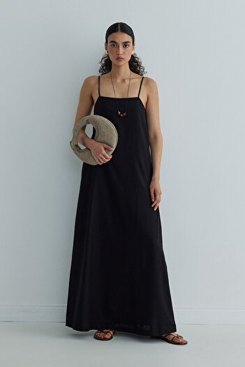 Suud Collection Siyah Nice Askılı Keten Jile
