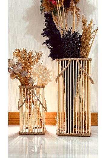 DEKOLOBİ Bambu Vazo 2'li Set / Ahşap Vazo / Çiçeklik / Dekoratif uzun fener mumluk 38-24 cm