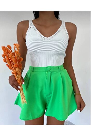 By Kuzey Aras Summer V-Neck Ribbed Knit Detailed Stylish Knitwear Blouse