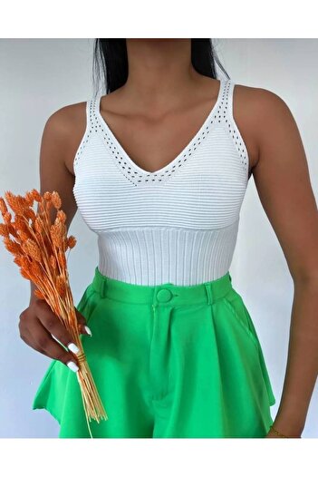 By Kuzey Aras Summer V-Neck Ribbed Knit Detailed Stylish Knitwear Blouse