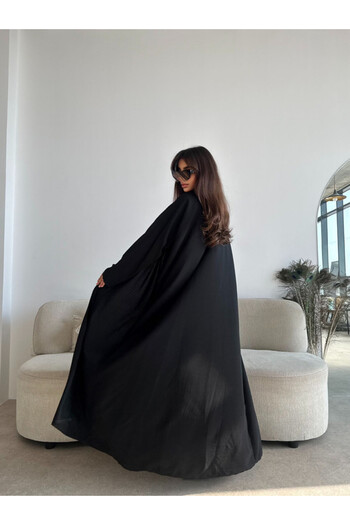 outline Elegant dark blue chiffon crepe abaya with sleeves
