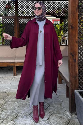 Rabia Şamlı Panço Triko Hırka Bordo
