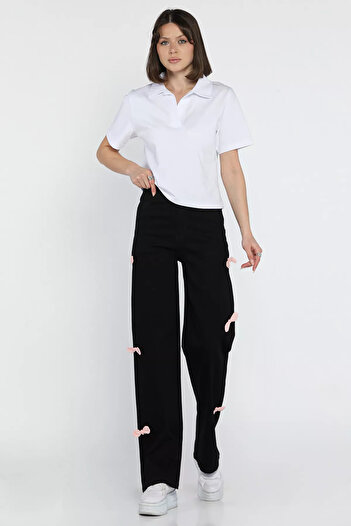 GÜLSELİ Black Bow Detailed High Waist Wide Leg Women's Jean Jeans