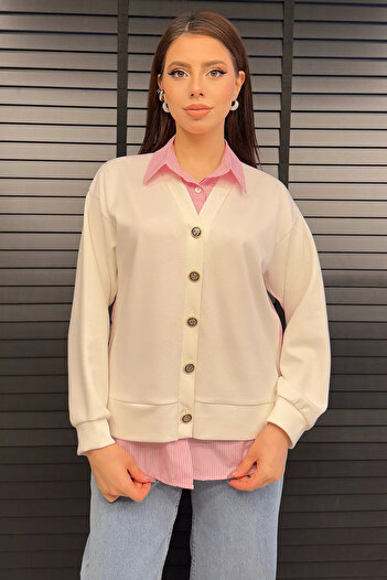 GÜLSELİ White and Pink Women's Cardigan Combination Shirt