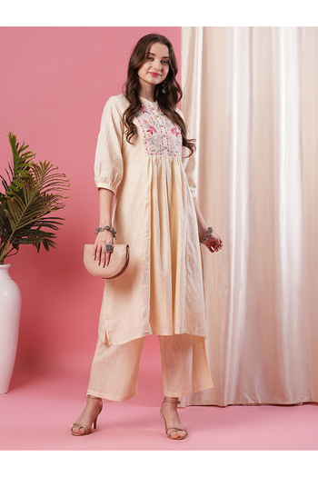 Globus By Styli Embroidered Mandarin Collar A-Line Kurta with Palazzo Set