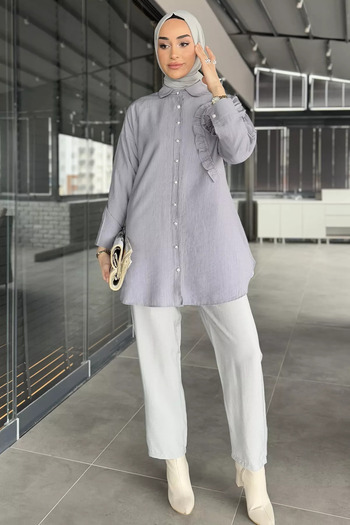 julude Gray Stone and Pearl Embroidered Hijab Tunic with Ruffle Detail