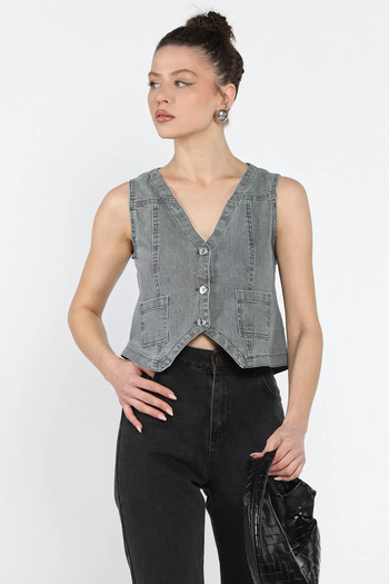 GÜLSELİ Dark Gray Women's Pocket Jean Denim Vest