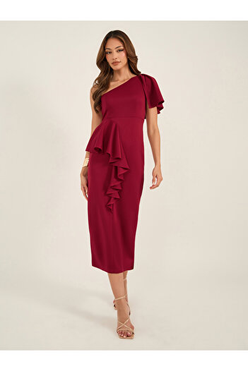 Keenly By Styli One Shoulder Bodycon Midi Dress with Ruffled Detail