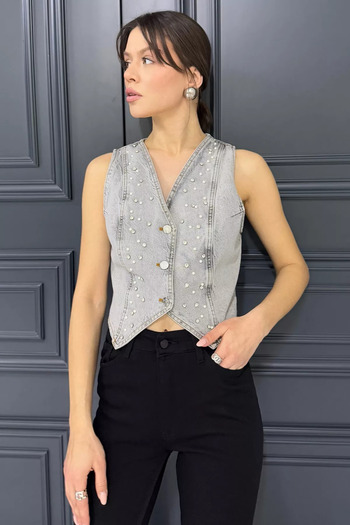GÜLSELİ Gray Women's Stone Jean Denim Vest
