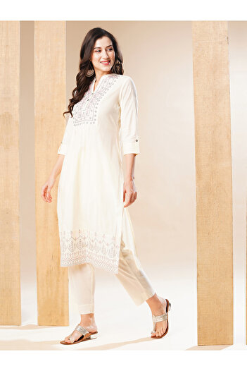 Globus By Styli Embroidered Pleated Straight Kurta and Pant Set