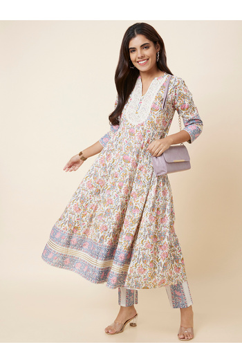 Globus By Styli All-Over Print Lace Insert Anarkali Kurta with Trouser Set