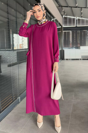 julude Plum Women's Waist Belted Stone Embroidered Large Size Hijab Dress