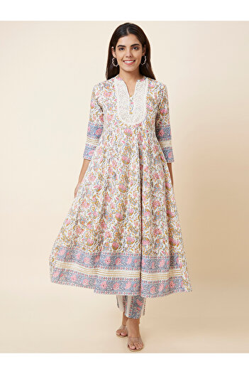 Globus By Styli All-Over Print Lace Insert Anarkali Kurta with Trouser Set