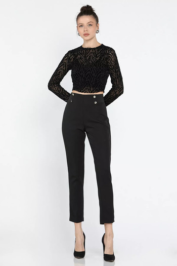 GÜLSELİ Black Elastic Waist Slim Leg Women's Fabric Trousers