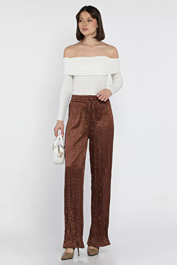 GÜLSELİ Brown Women's Elastic Waist High Waist Satin Pleated Pants
