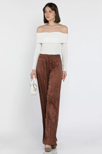 GÜLSELİ Brown Women's Elastic Waist High Waist Satin Pleated Pants