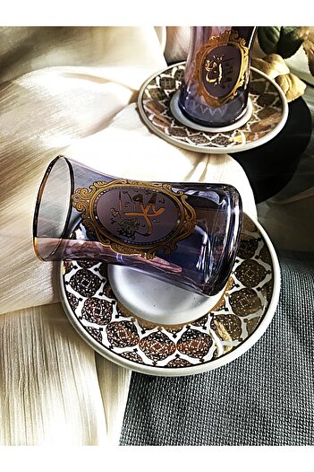 DECOSTYLE Gold lüsterli porselen tabaklı  6 Kişilik heybeli 12 parça Çay takımı 160 Cc