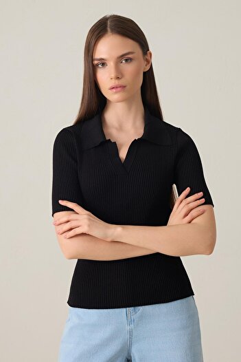 Setre Black Shirt Collar Short Sleeve Knitwear Blouse