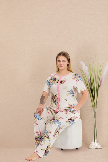Lady Lingerie Floral Patterned Short Sleeve Buttoned 93% Cotton 7% Lycra Women's Pajama Set