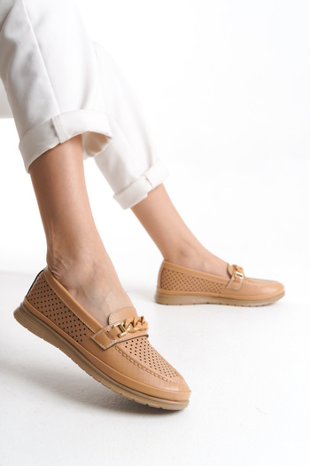 Limeo Women's Beige Chain Detailed Perforated Soft Lightweight Casual Summer Mother Loafer Shoes